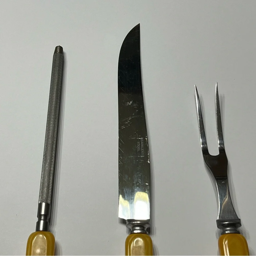 Vintage MCM Stainless Steel 3 Piece Carving Set With Bakelite Handles